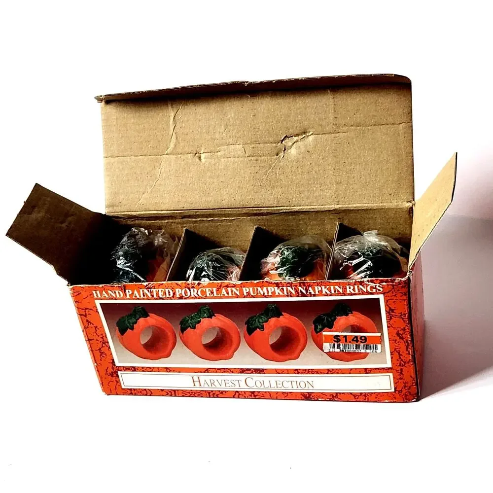 Vintage 1990s Hand-Painted Pumpkin Napkin Rings (Set of 4) w/ Box